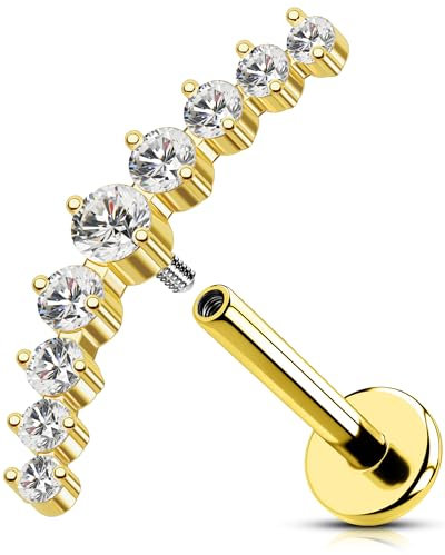 OUFER 16G Gold Conch Piercing Innengewinde Titan G23 Helix Earring Knorpel Ohrpiercing Klar CZ Conch Lobe Lip Stud für Frauen 8 mm Flat Back Earring