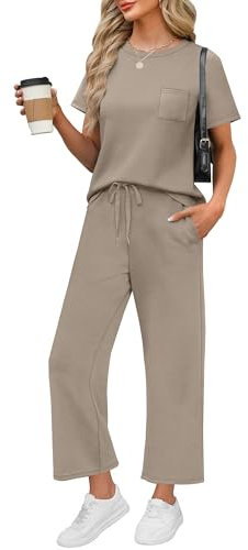 WIHOLL 2 Piece outfits Women fashion lounge wear sets for women uk Casual Summer Travel Vacation Outfits Short Sleeve Wide Pants Coffee S