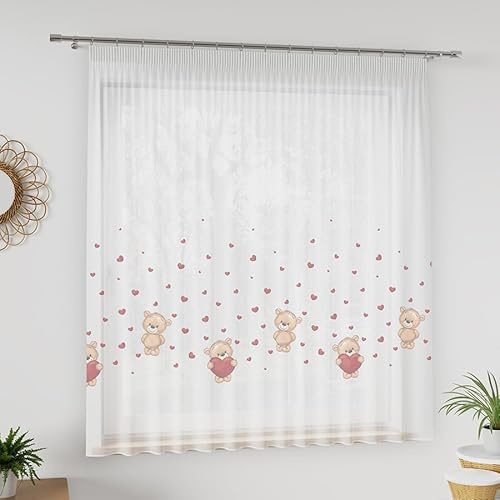 Gardinen Vorhangen Weiß/Rot Voile 200x155 cm (BxH) Teddy Kinder Gardine Aus Voile Mit Roten Herzen Und Bärchen Auf Kräuselband 1:2 Niedliches Design Kinderzimmer
