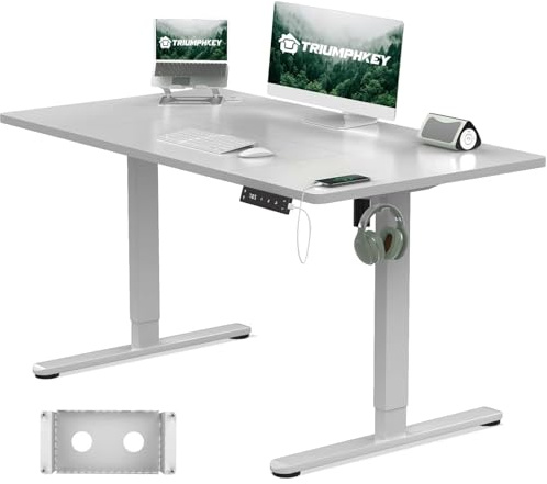 TRIUMPHKEY Bureau Assis Debout 120x80cm avec Prise Type-C, Bureau Réglable en Hauteur avec Bac de Gestion des Câbles, 3 Mémoires de Hauteur, Gris