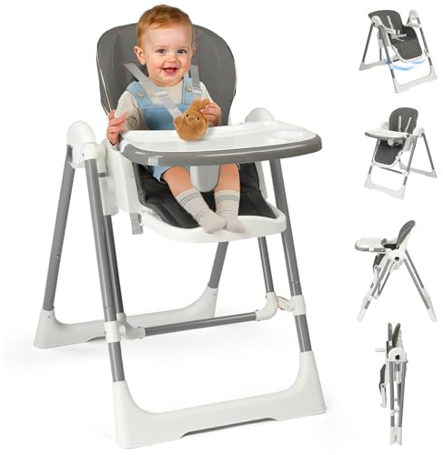 LEADZM Babyhochstuhl, Umbaubar in eine Wiege, 6-Fach Höhenverstellbar, Abnehmbares Doppeltablett, Faltbarer Hochstuhl Baby Mit Lenkrollen, Geeignet für Babys von 6 bis 36 Monaten (Grau)