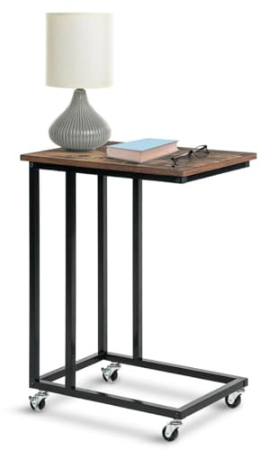 IvoQ Beistelltisch auf Rollen – C-förmiger Laptoptisch, Industriedesign – Kompakter Tisch für Sofa, Bett oder kleine Räume – Holzoptik & Schwarz Metall – 50×35×67cm