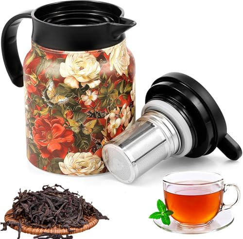 Vintage Floral Pattern Teapot,1000ml Tea Thermal with Infuser and Handle Stainless Steel Carafe Pot,Floral Teapot Insulated Flask Mini Coffee Pot for Home Office(Style 3)