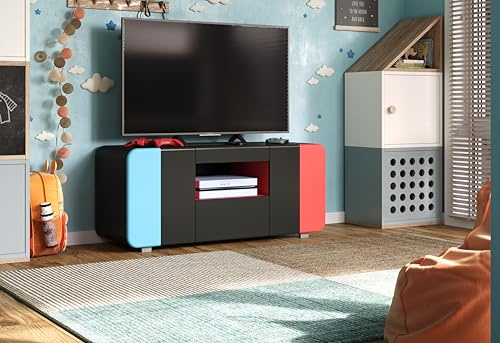 TV-Lowboard LevelUp Außen Schwarz & Rot & Blau Lac · B 115 x H 49 cm | B 115 x H 49 x T 42 cm · Soft-Close-Dämpfer · optional mit LED-Beleuchtung · 2 Türen, 1 Schublade, 1 offenes Fach