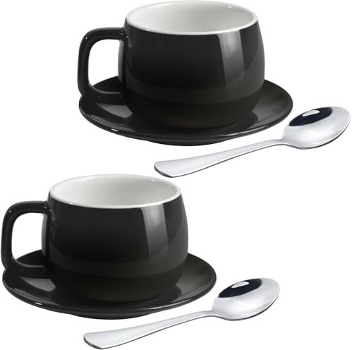 ionEgg Ensemble de tasses en porcelaine avec soucoupes et cuillères pour café, cappuccino et thé, 270 ml/9 oz, Noir, Lot de 2