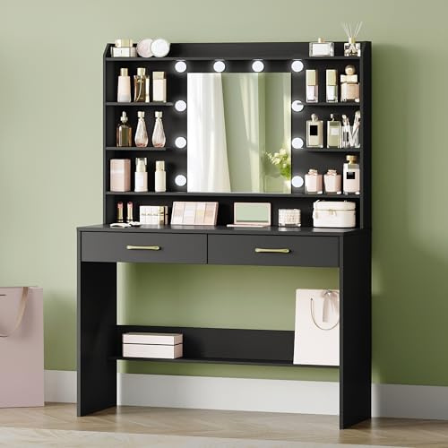 Hzuaneri Schminktisch mit Spiegel, Schminktisch mit Ablageflächen und 2 Schubladen, für Schlafzimmer, Wohnzimmer, Verstellbare Helligkeit, 40 x 100 x 149 cm, Schwarz, DT38706XEU