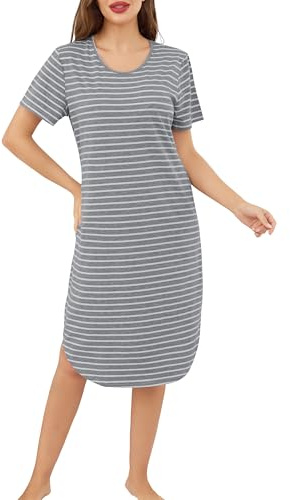 Sopesil Camicia da Notte Donna Manica Corta Camicia da Notte Estiva a Righe con Scollo Rotondo e Tasches Vestiti per Casa Donna Taglie S-XXL