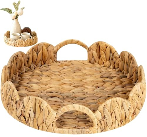 Round Water Hyacinth Woven Basket Tray with Handle, 12 Inch Scalloped Rattan Serving Tray for Table & Vanity