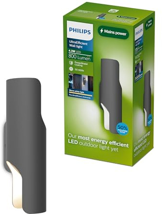 PHILIPS Fira Außenwandleuchte, 800 lm, 2700 K, PowerShield, IP44 wetterfest, langlebig, Aluminium, modernes Design, integrierte LED, Anthrazitgrau