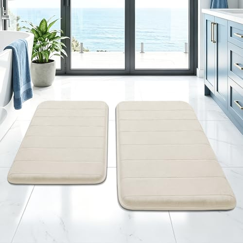 NAKIHOUSE Badezimmerteppich Set 2 Teilig rutschfest & Saugfähig Badematte | 2cm Dicker Memory Schaum Badvorleger, Waschbar, Weich und Schnell Trocknend Badteppich für Dusche, WC & Badewanne, Beige