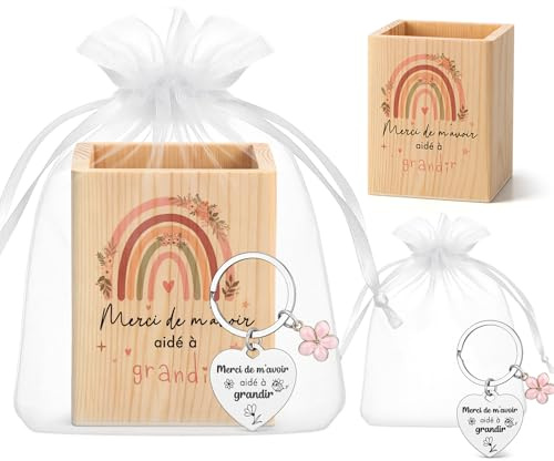 Nezyo Pot à Crayons en Merci pour Maîtresse avec Porte-Stylos Bois | Cadeau de Remerciement, Pour Professeur, Avec Porte-Clés Fleur, Pochette Organza, Cadeau de Fin d'Études pour Entreprises