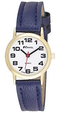 Ravel - Damen - Armbanduhr mit großen Ziffern - Blau/goldfarbener Ton/weißes Zifferblatt