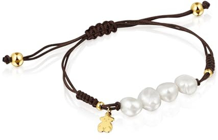 TOUS Pulsera de Nylon con Perlas Cultivadas para Mujer, con Motivos de Oso en Baño de Oro 18Kt sobre Plata, 16 cm de Largo, Versátil y Sofisticada, Colección Nudos