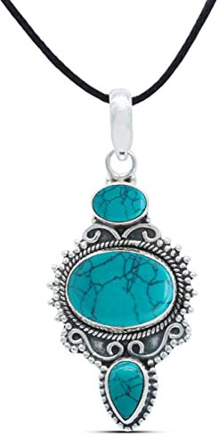 mantraroma Kettenanhänger 925 Silber Türkis Edelstein Kettenanhänger Damen Sterling Silber Halskette Anhänger Geschenk (MAH-076-15)