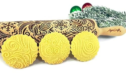 FROST Nudelholz mit Muster Weihnachten Backen - Teigroller Holz für DIY Weihnachten Plätzchen und Keramik - Graviert Plätzchenrolle mit Motiv - 3D Plätzchen Roller von Algis Crafts