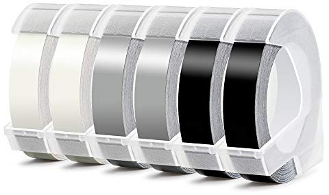 Kompatibel mit Dymo Omega Prägeband 9mm für Dymo Junior Omega Prägegerät, als Kompatibel mit Dymo Omega Junior Etikettenband, für 3D Embossing Vinyl-Prägeetiketten, Weiß auf schwarz/silber/transparent