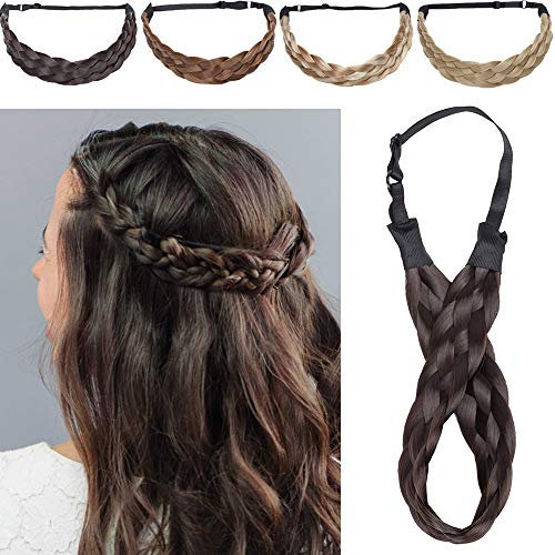 Silk-co Damen Haarband 5 Stränge Dunkelbraun, Kunsthaar geflochtenes Stirnband, elastisches Haarband für Damen und Mädchen Hochzeit Vintage, mit Haargummi Haarteil Braids Extensions 3.8cm breit