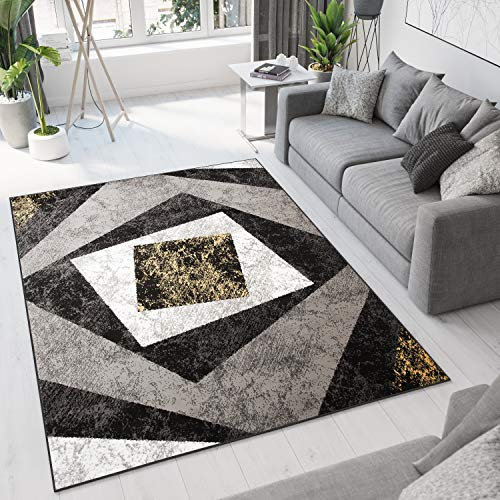 TAPISO Dream Tapis de Salon Chambre Salle à Manger Adulte Bureau Design Moderne Jaune Gris Noir Blanc Géométrique Motif Carreaux Poil Court Fin Doux Léger Résistant 200 x 300 cm