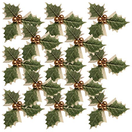 30 Pieces Christmas Artificial Holly Berry with Green Leaves, Elegant Craft Gold Berries for Xmas Tree Party Festival Wedding Party Decorations Supply