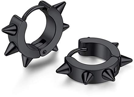 FOCALOOK Herren Ohrringe schwarz Edelstahl Spike Huggie Creolen Ohrstecker Ohr Piercing Punk Stil Modeschmuck Accessoire für Jungen Mädchen