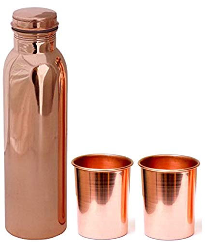 TreegoArt Botella de agua de cobre puro de 1 litro con 2 vasos de cobre de regalo (botella de 1000 ml, cristal de 300 ml)