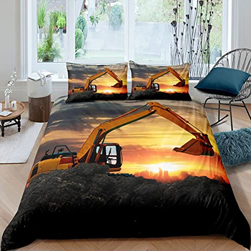 Homewish Bagger Bettbezug Set, LKW Traktor Bettwäsche Set 135x200 Für Kinder Jungen Mädchen Teenager, Baufahrzeug Trösterbezug Ausrüstung Auto Cartoon Bettbezug Dekor, Gold