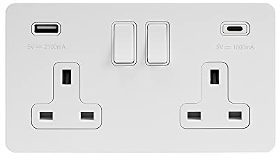 Soho Lighting White Metal Flat Plate 2 Gang USB C Plug Socket (13A Socket + 2 USB Ports A+C 3.1A) Blk Ins Screwless
