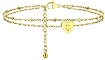 PROSTEEL Femme Bracelet de Cheville Plaqué Or Pendentif Coeur Initiale Lettre C Double Chaîne Réglable 22+5cm