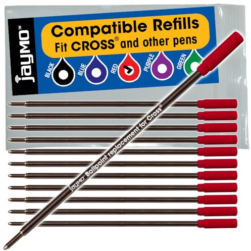 Jaymo - Cross Compatible Ballpoint Pen Refills - Smooth Writing German Ink and 1mm Medium Tip (12 Red)