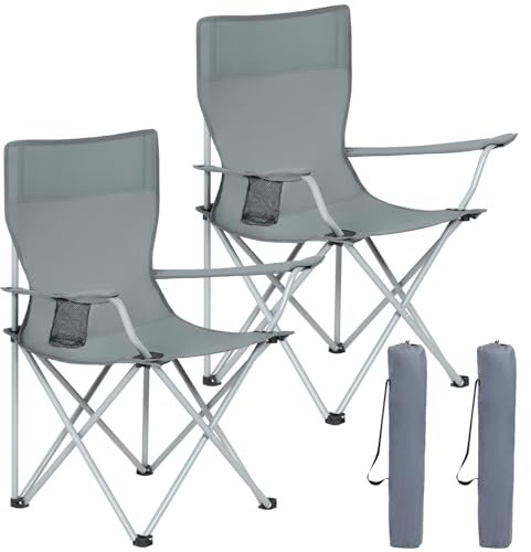 AMHANCIBLE Campingstuhl Faltbar 2er Set, Angelstuhl Klappbar mit Getränkehalter, Klappstuhl Camping mit Armlehnen und Tragetasche, Campingstühle 2er Set Leicht,bis 120Kg Belastbar, Grau OCC01GY