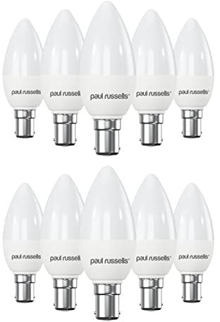 paul russells LED Candle – Small Bayonet Fitting Dimmable Light, 5.5W B15 C37 LED Bulbs, 40w Equivalent, 6500K Daylight, Dimmer SBC Energy Saving Ceiling Lightsbulbs, Pack of 10