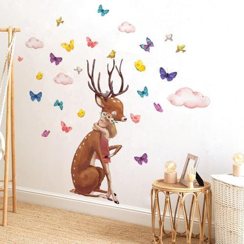 WandSticker4U®- Wandtattoo Waldtiere Kinderzimmer MÄDCHEN & REH XXL (73x68 cm) I Wandsticker Babyzimmer Mädchen Tiere Wald Hirsch Schmetterlinge I Wandaufkleber Kinderzimmer Deko Mädchen Junge GROß