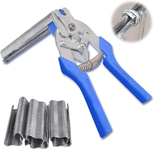 Pinza Per Rete Metallica, Type M Nail Ring Pliers, pinza di fissaggio per filo con 600 morsetti per pinza di recinzione, pinze di fissaggio per cavi, manutenzione recinzione (Blue)