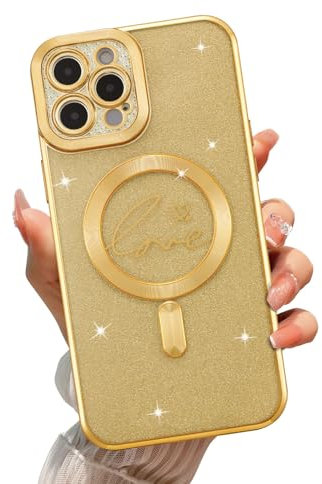 EYZUTAK Magnetic Case for iPhone 12 Pro Max, Bling Glitter Luxury Love Cute Heart Pattern Plating Phone Case [Compatible with Magsafing] Built-in Camera Lens Protector Clear Back Bumper Cover - Gold