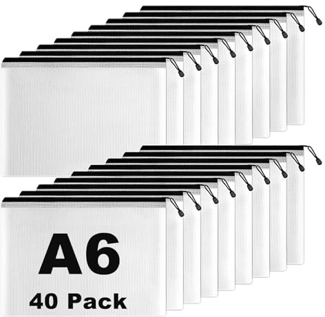 40 Stück Dokumententasche A6 Dokumentenmappe mit Reißverschluss Wasserdichte Dokumententaschen A6 zum Abheften Zipper Beutel Kunststoff Datei Tasche Schwarz für Papier, Quittung,Schule,Kosmetik,Reise
