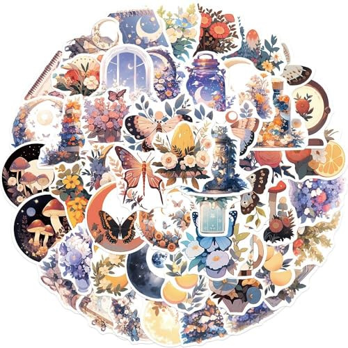 50Pcs Cartoon Vintage Moonflower Sticker Bottle Tag Cool Trendy Vinyl Sticker, Halloween Decals,Retro Aesthetic Party Gift Stickers for Kids Teens Adults