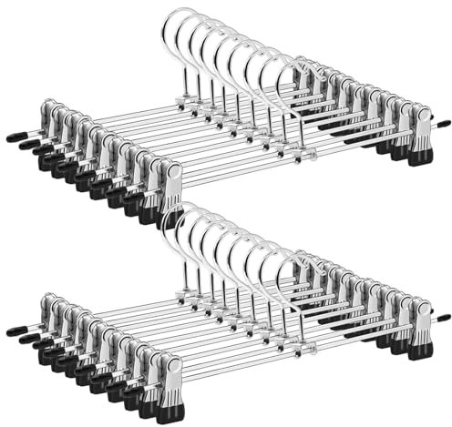ABHENG Perchas para Falda con Clips, Juego de 20, Metálicas, Cromado, Robustas y duraderas, Antideslizantes, Pinzas Ajustables, Negro y Plata, 31 x 10,5 cm (H x B), AIY0420B