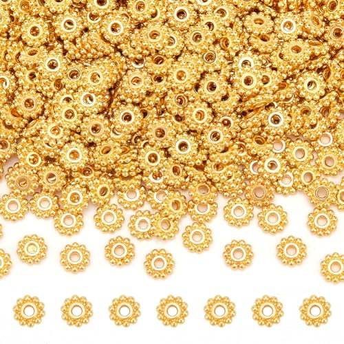 PH PandaHall 500pcs Gold Spacer Beads 6.5mm Daisy Spacers Flower Bead Metal Snowflake Spacer Bead Craft Loose Beas for Necklace Bracelet Earring Jewellery Making