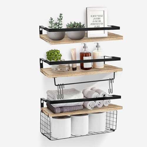 WOVTE Floating Shelves Wall Mounted Shelf, Solid Shelf Set of 3 with Towel Holder, Toilet Paper Storage and 10 S Hooks for Bedroom, Bathroom, Living Room, Office, Kitchen Storage & Organisation
