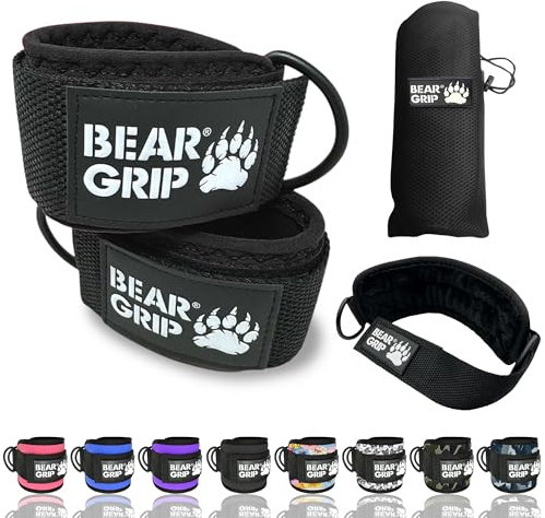 BEAR GRIP - Ankle Straps for Cables with New Fleece Design - Strong Closure, Double Stainless Steel D-Ring, Adjustable Neoprene - For Men & Women (Black Slim - Pair)