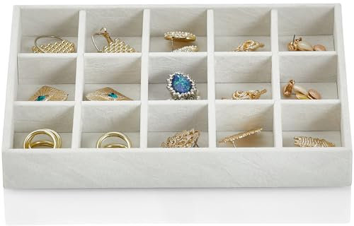 Vlando Schmucktablett mit 15 Fächern, kleine Schublade, Schmuck-Organizer, stapelbare Tabletts – weiches Futter DIY-Kombinationen – Weiß