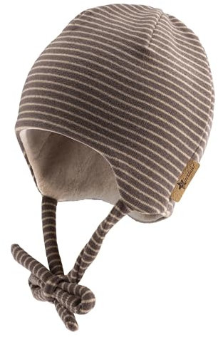 Sterntaler Beanie gestreift aus Microfleece - Baby und Kinder Mütze mit angeschnittenen Ohrenklappen und Bindeband - gefüttert mit Baumwollfleece - dunkelgrau, 47