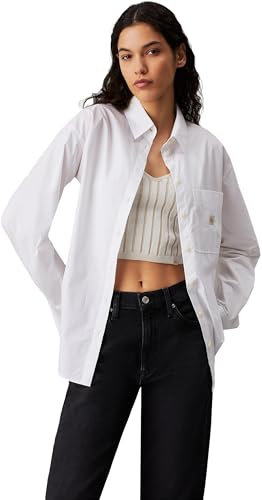 Calvin Klein Donna Camicia Woven Label Relaxed Fit, Bianco (Bright White), L