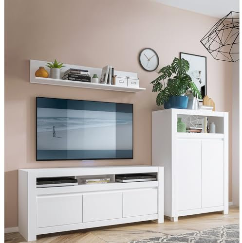 Lomadox TV Wohnwand Schrankwand Anbauwand Mediawand Wohnzimmermöbel Lowboard Wandboard Highboard 3-teilig weiß