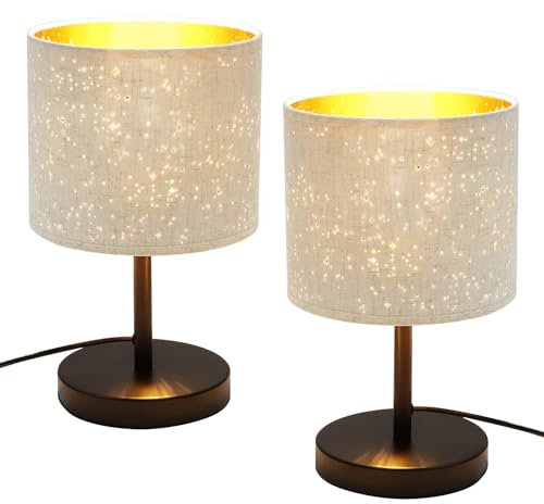 ZMH Tischlampe Wohnzimmer Nachttischlampe Weiß - 2ER Tischleuchte Retro E27 Lampenfassung Modern Sterneneffekt Stoffschirm Table Lampe aus Metall für Schlafzimmer Esstisch Hotel Kinderzimmer kaffe