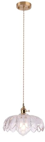 NICRX 25 cm industrielle Vintage-Pendelleuchte, Glas-Lotus-Lampenschirm, Pendelleuchte, Kronleuchter, E27, Messing-Finish, Decken-Hängelampe (Klar)