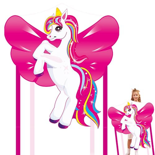 VLEDARLING Einhorn Drachen Flugdrachen für Kinder und Erwachsene, Drachen Drache für Kinder Erwachsene, Beach Drachen, Einleiner flugdrachen, inkl.100m Drachenschnur, langem Schwanz