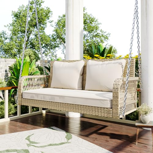 Merax Hängeschaukel 2-Sitzer, PE-Rattan Gartenschaukel mit Sitzkissen & Ketten, Hängebank Hollywoodschaukel Schaukelbank Gartenbank, Doppelschaukel für Garten Balkon Veranda, bis 320KG, Beige