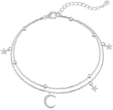 Hinvan 925 Sterling Silber Armbänder Silber Armband Damen mit Zirkonia Doppelkette Mond Stern Armband Silber Armkette Silber Armreif Verstellbares Silber Armbänder für Damen Frauen Mädchen