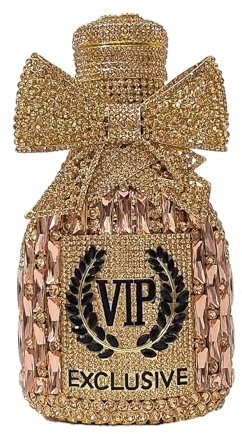 Novelty Champagne Bottle Evening Bag Rhinestone Clutch with Bowknot Women Purse Party Cocktail Crystal Handbag, Rose Gold